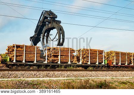 Kouvola, Finland - 24 September 2020: Unloading Of Timber From Railway Carriages At Paper Mill Stora