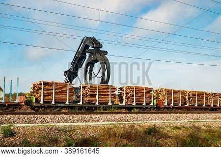 Kouvola, Finland - 24 September 2020: Unloading Of Timber From Railway Carriages At Paper Mill Stora