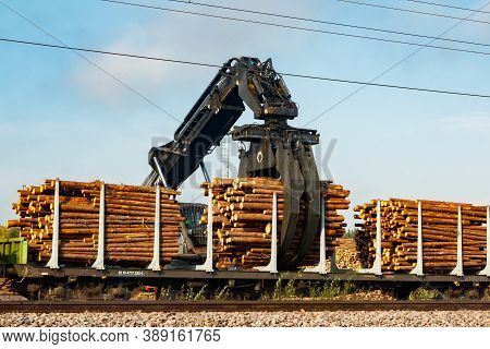 Kouvola, Finland - 24 September 2020: Unloading Of Timber From Railway Carriages At Paper Mill Stora