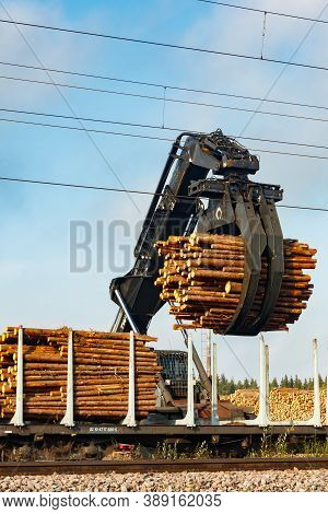 Kouvola, Finland - 24 September 2020: Unloading Of Timber From Railway Carriages At Paper Mill Stora