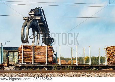 Kouvola, Finland - 24 September 2020: Unloading Of Timber From Railway Carriages At Paper Mill Stora