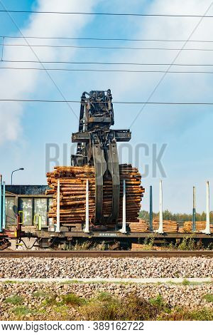 Kouvola, Finland - 24 September 2020: Unloading Of Timber From Railway Carriages At Paper Mill Stora