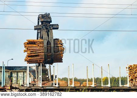Kouvola, Finland - 24 September 2020: Unloading Of Timber From Railway Carriages At Paper Mill Stora