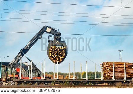 Kouvola, Finland - 24 September 2020: Unloading Of Timber From Railway Carriages At Paper Mill Stora
