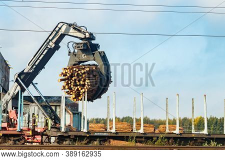 Kouvola, Finland - 24 September 2020: Unloading Of Timber From Railway Carriages At Paper Mill Stora