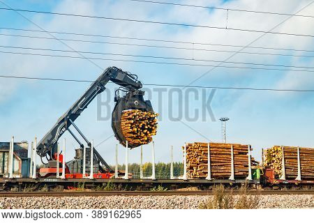 Kouvola, Finland - 24 September 2020: Unloading Of Timber From Railway Carriages At Paper Mill Stora