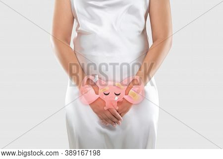 Illustration Of The Uterus Is On The Woman's Body. Uterine Diseases. Endometriosis. People Having Be