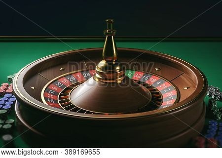 Dark Wooden Roulette And Chips On Green Casino Table. Concept Of Gambling And Risk. 3d Rendering