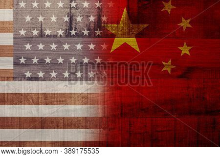 Usa And China Flag Printed On Wooden Background .it Is Symbol Of Economic Tariffs Trade War And Tax 