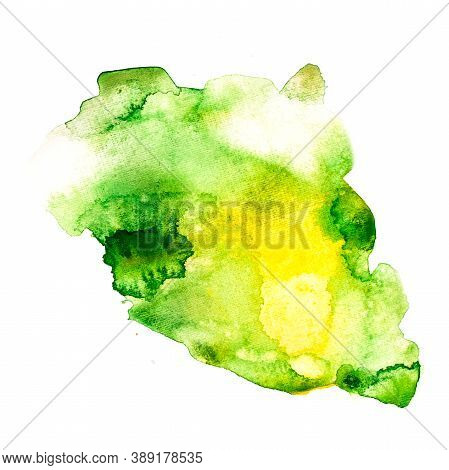 Yellow Green Splash Watercolor. Abstract Hand Drawn Illustration. Green Blot