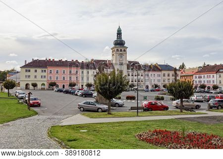 Fulnek, Czech Republic - October 7, 2020: The Main Komensky Town Square (namesti Komenskeho) In The 