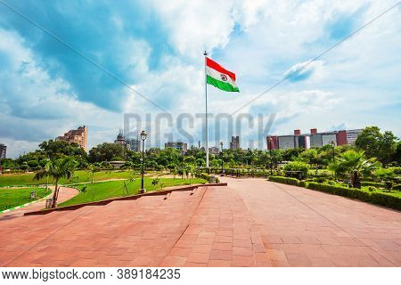 National Flag Of India At Central Park In Connaught Place District In New Delhi, India