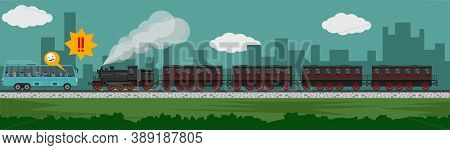 The Situation Will Crash Of A Bus With Many People. With A Steam Train With A Long Train On A Freigh