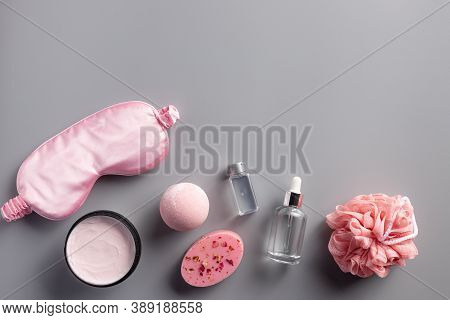 Pink Satin Sleep Mask, Body Cream, Bath Bomb, Rose Organic Soap, Moisturizing Serum, Washcloth On A 