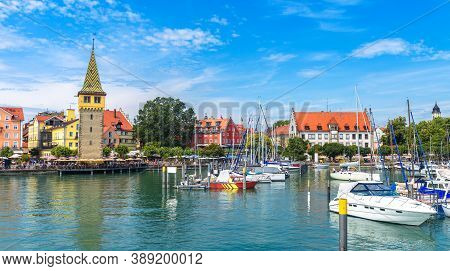 Lindau Town In Bavaria, Germany. This Old City Is Tourist Attraction Of Country South. Panorama Of H