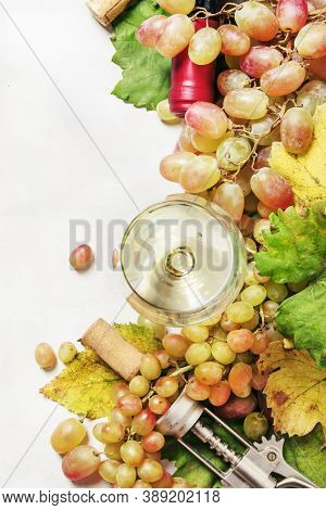 Dry White Wine In Glass And Bottle, Fresh Gpare, Frame, Drink Backround, Top View