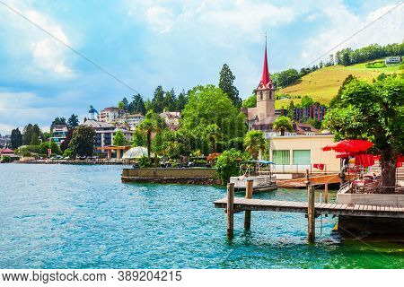 Beauty Houses In Weggis. Weggis Is A Town On The Northern Shore Of Lucerne Lake In The Luzern Canton