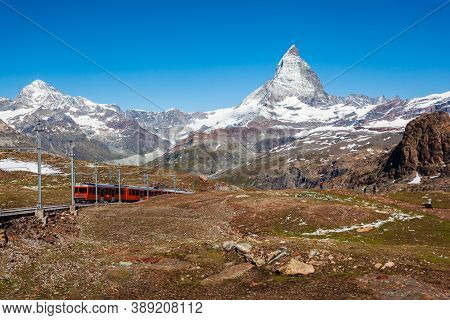 Train Near The Gornergrat Bahn Railway, A Mountain Rack Railway Near Zermatt Town In The Valais Cant
