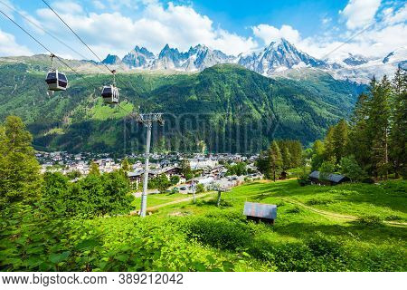 Chamonix Cable Car Aerial Panoramic View. Chamonix Mont Blanc Is A Commune And Town In South Eastern