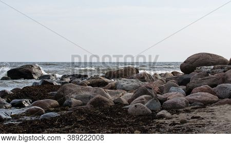 Stones On The Shores Of The Baltic Sea In Mersrags In Latvia.