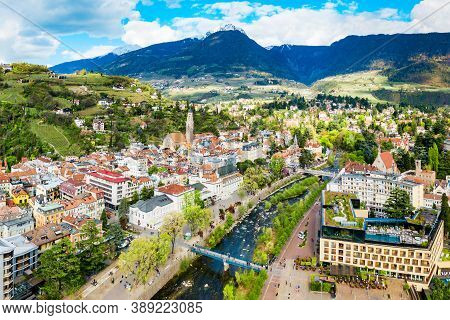 Merano City Centre Aerial Panoramic View. Merano Or Meran Is A Town In South Tyrol In Northern Italy