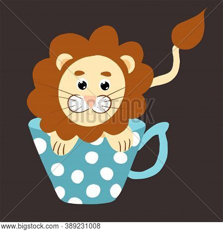 Cute Illustration Of Lion Sitting In Cup. Friendly Wild Animal With Mane And Tail Looks Out Of Mug W