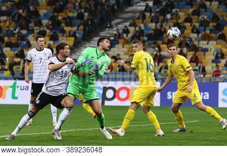 Kyiv, Ukraine - October 10, 2020: Goalkeeper Georgiy Bushchan Of Ukraine Miss A Goal During The Uefa
