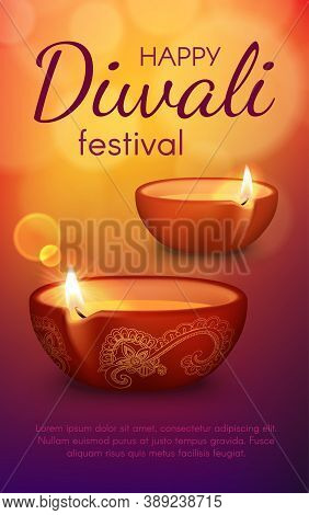 Diya Lamps Of Diwali Or Deepavali Light Festival Vector Greeting Card. Burning Oil Lamps Of Indian H