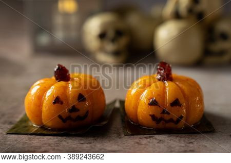 Steamed Halloween Cake Or Kueh In Pumpkin Shape