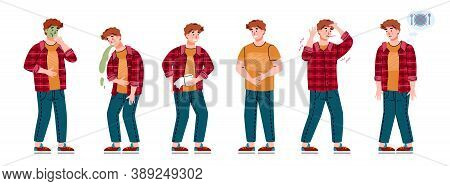 Man With Symptoms Of Food Poisoning. Set Of Male Characters With Stomach Diseases - Diarrhea And Nau