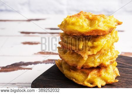 Fried Cakes Of Grated Potatoes On The Plate With Sauce. Traditional Pancakes Boxty Raggmunk.