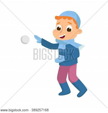 Cute Boy In Warm Hat And Knitted Mittens Playing Snowball Fight Vector Illustration