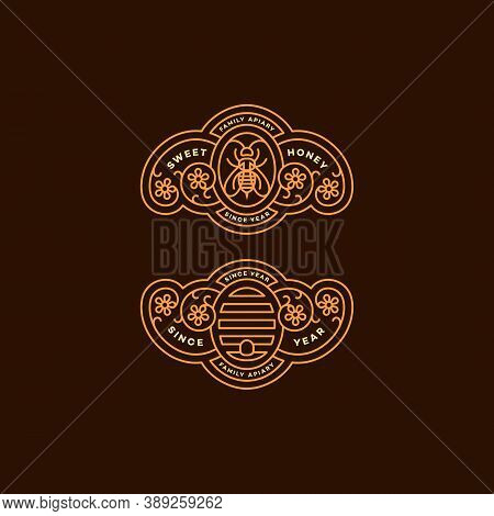 Labels Design Tamplate In Trendy Linear Style For Honey Packaging Witn Floral Ornament, Bee And Beeh