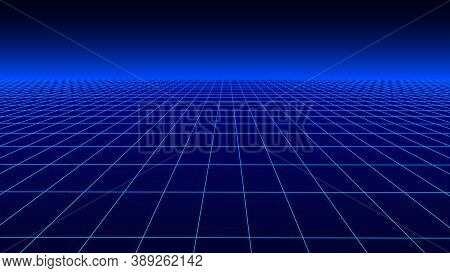 Vector Perspective Grid In Blue Retro Style. Detailed Lines On Blue Background.