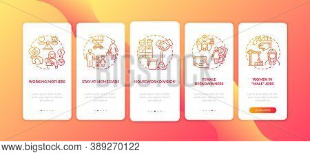 Changing Gender Roles Onboarding Mobile App Page Screen With Concepts. Female Breadwinners Walkthrou