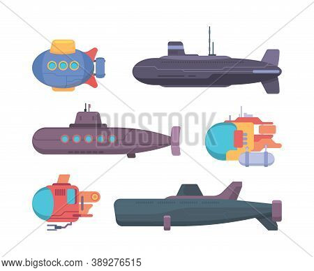 Submarines. Travel Diving Underwater Boat Explorer Propeller Ship Vector Collection. Illustration Un