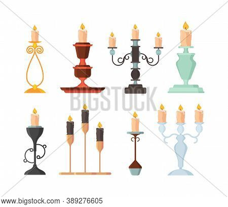 Candle Holder. Vintage And Modern Candelabrum Ancient Fire Lamp Candlestick Vector Set. Illustration