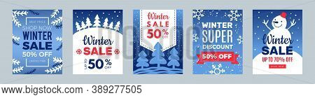 Discount Banners. Winter Best Price Flyers, Xmas Sale Cards With Snowman And Snowflakes Vector Illus