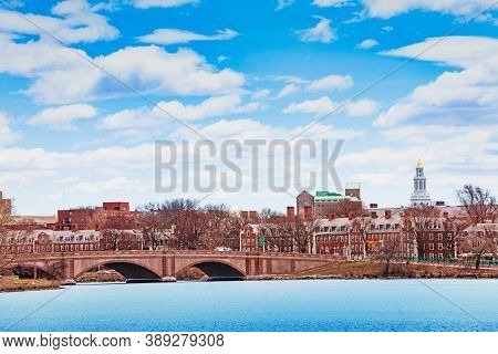 View Of Boston University Bridge With Dunster House Cambridge Panorama And Charles River Massachuset