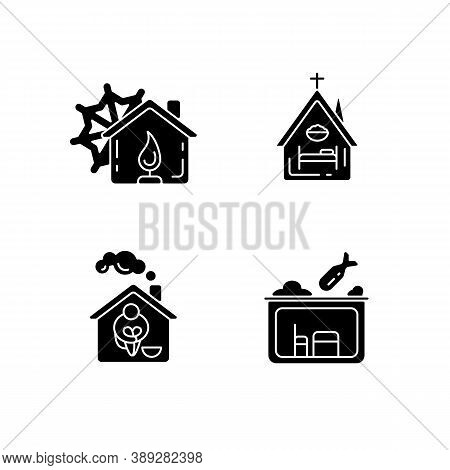 Temporary Supportive Housing Black Glyph Icons Set On White Space. Warming Center. Religious Shelter