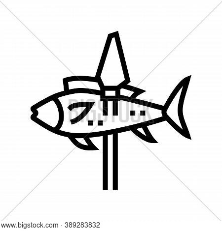 Fish On Spear Line Icon Vector. Fish On Spear Sign. Isolated Contour Symbol Black Illustration