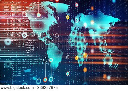World Map Hologram With Creative Glowing Programming Interface. Software And Global Concept. 3d Rebd