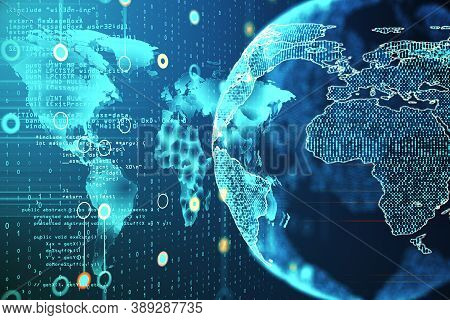 Digital World Map With Glowing Programming Hologram. Software And Programming Concept. 3d Rebdering