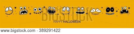 Happy Halloween Banner Or Party Invitation Template With Place For Text. Scary And Funny Smiling Fac