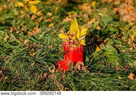 Red Kids Gumboots With Yeallow Leaves Inside. Autumn Coziness With Foliage Inside The Boots. Golden 