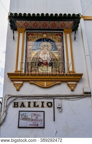 Cordoba, Spain - November 01, 2019: Capuchinos Square, Plaza De Capuchinos With Monument Christ Of T