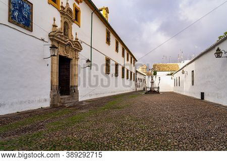 Cordoba, Spain - November 02, 2019: Capuchinos Square, Plaza De Capuchinos With Monument Christ Of T