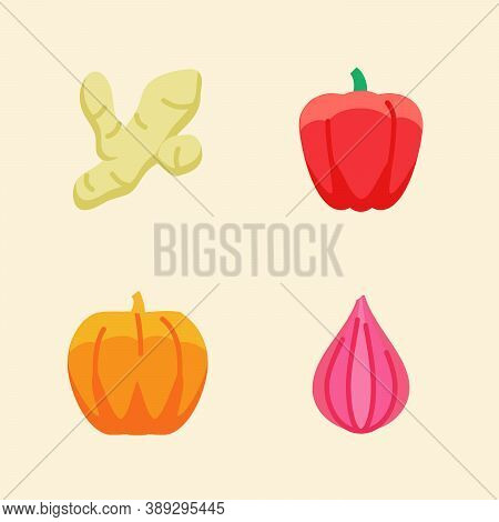 Easoning Icon Set Collection Ginger Paprika Pumpkin Onion White Isolated Background With Color Flat 