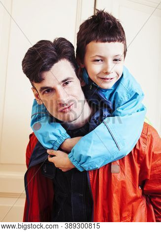 Faher And Son Together Having Fun At Home, Lifestyle Happy Family, People At Home