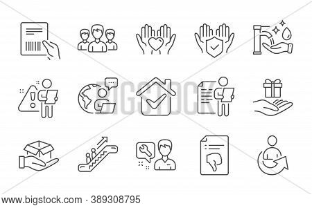 Hold Heart, Job Interview And Group Line Icons Set. Insurance Hand, Thumb Down And Repairman Signs. 